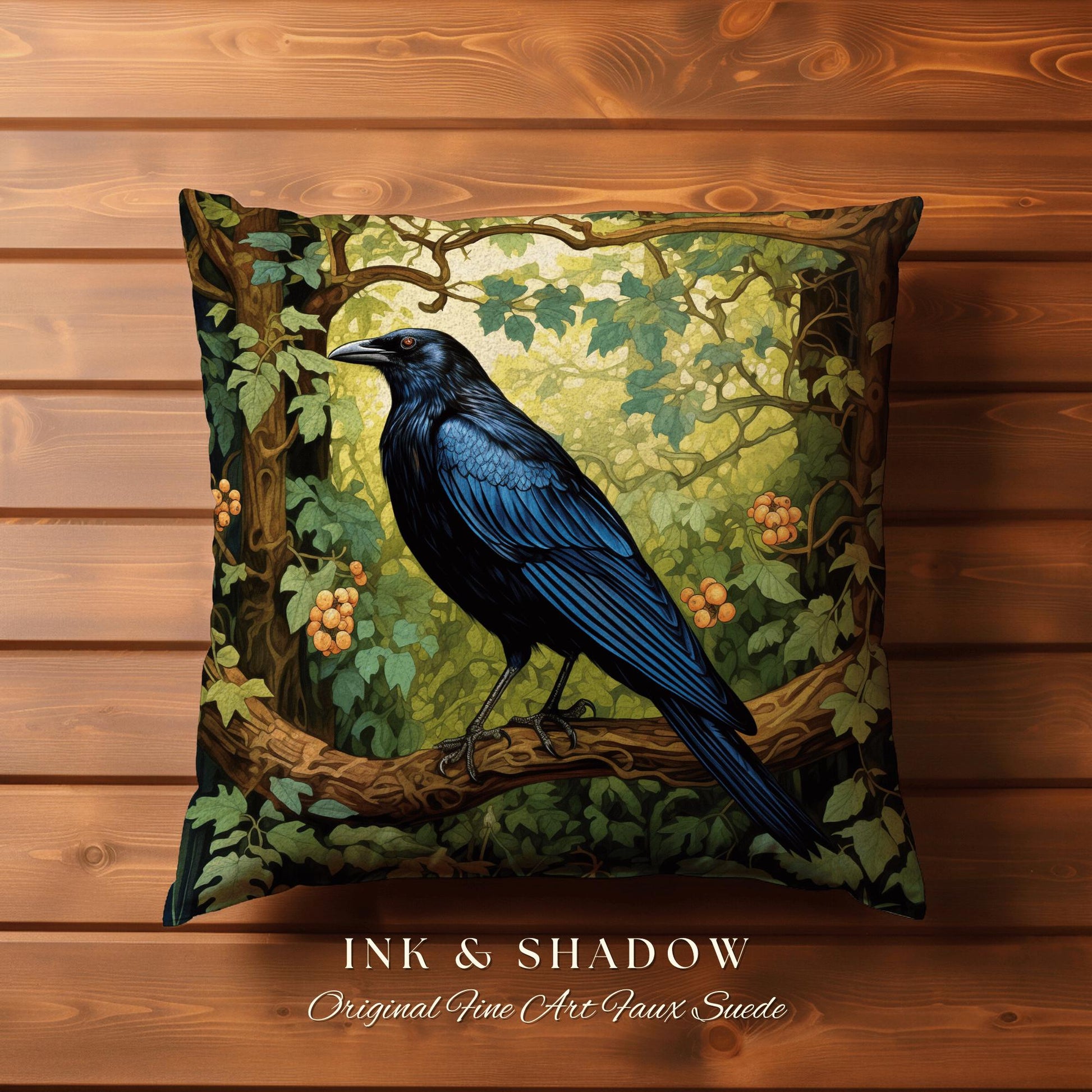 Forestcore Dark Botanical Raven Throw Pillow Woven Whimsigothic Art Tapestry Cushion, Woodland Gothic Crowcore Fairy Grunge Forest Aesthetic