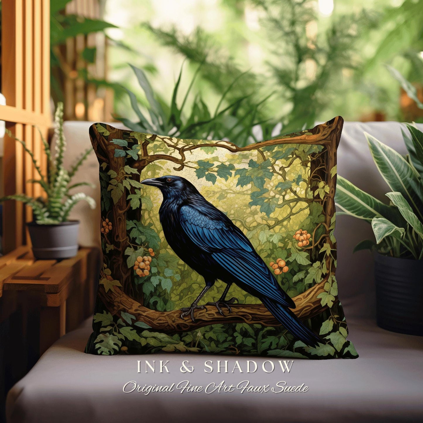 Forestcore Dark Botanical Raven Throw Pillow Woven Whimsigothic Art Tapestry Cushion, Woodland Gothic Crowcore Fairy Grunge Forest Aesthetic