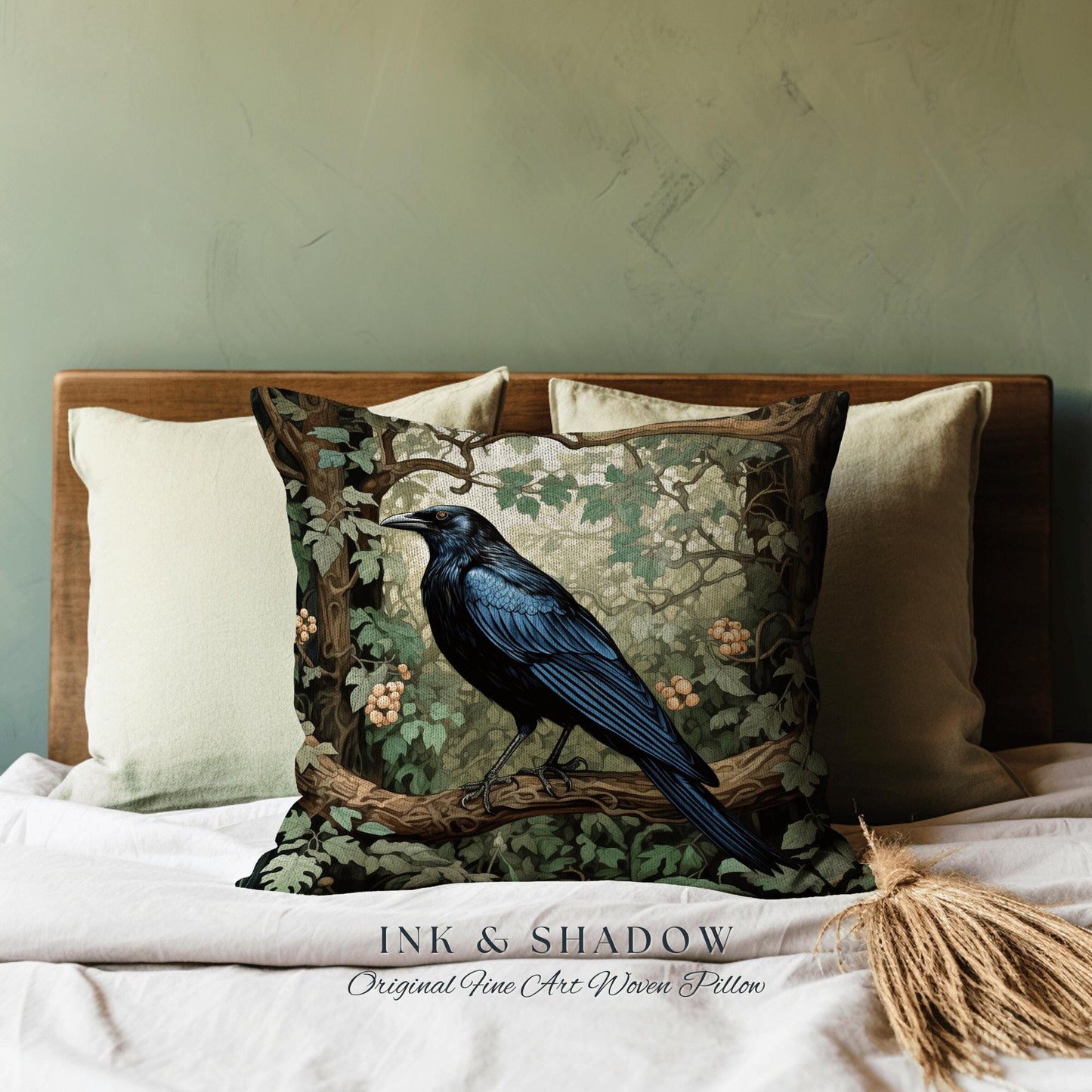 Forestcore Dark Botanical Raven Throw Pillow Woven Whimsigothic Art Tapestry Cushion, Woodland Gothic Crowcore Fairy Grunge Forest Aesthetic