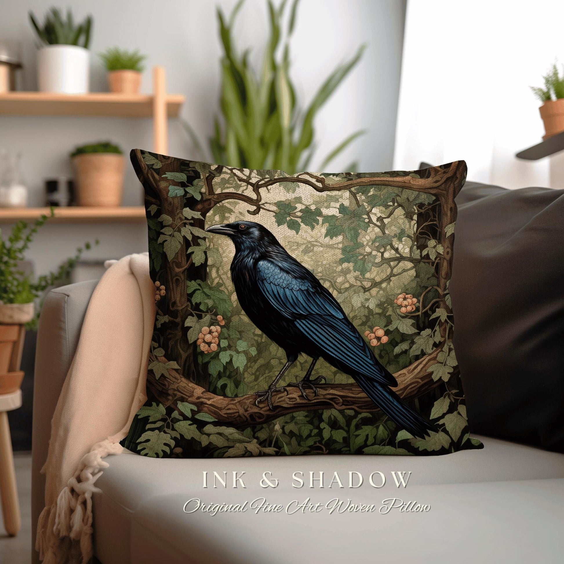 Forestcore Dark Botanical Raven Throw Pillow Woven Whimsigothic Art Tapestry Cushion, Woodland Gothic Crowcore Fairy Grunge Forest Aesthetic