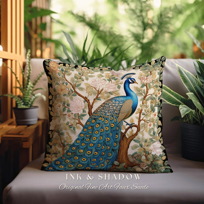 Whimsical Woodland Blue Peacock Pillow Cottagecore Floral Design, Baroque Woven Tapestry Cushion Victorian Inspired Nature Forestcore Accent