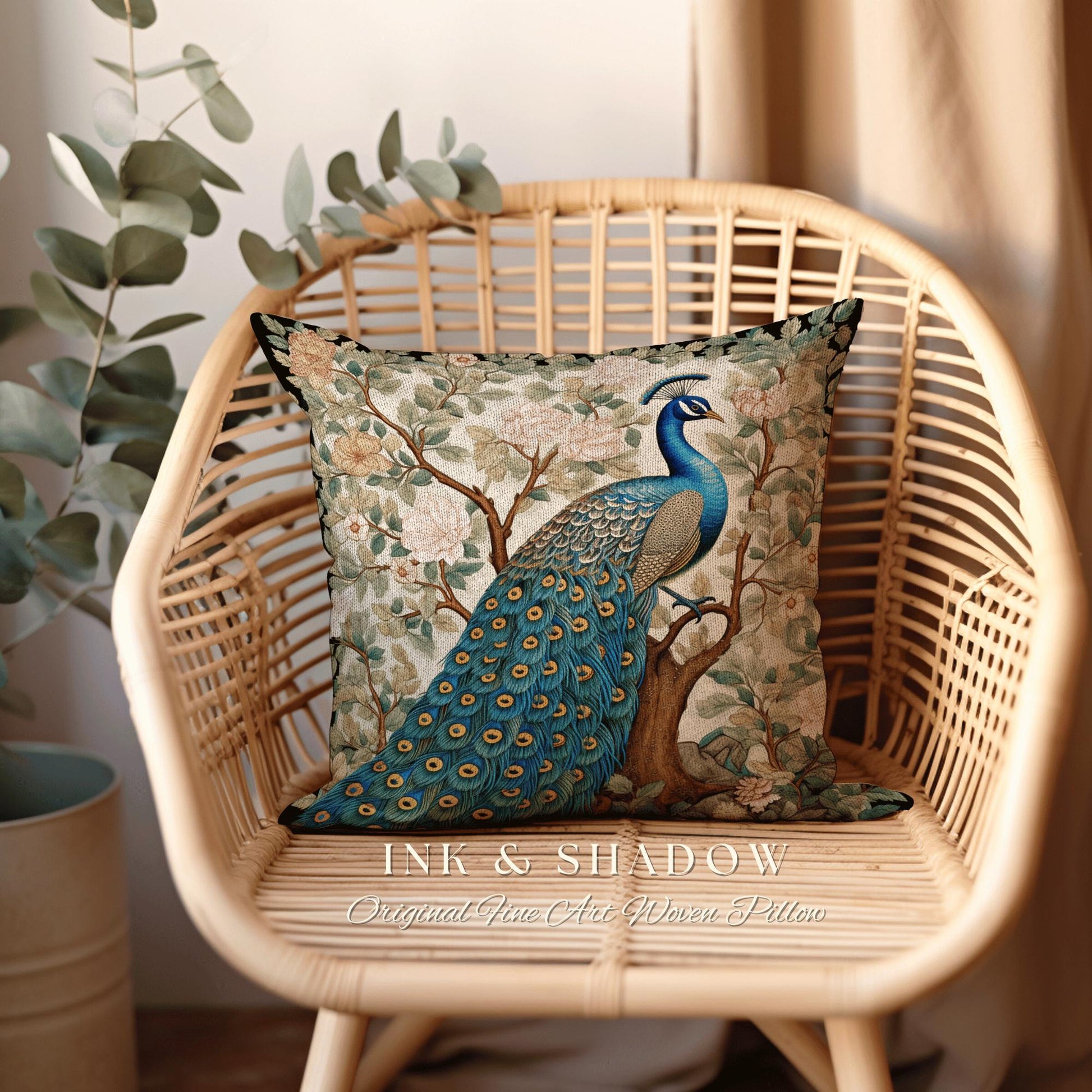 Whimsical Woodland Blue Peacock Pillow Cottagecore Floral Design, Baroque Woven Tapestry Cushion Victorian Inspired Nature Forestcore Accent