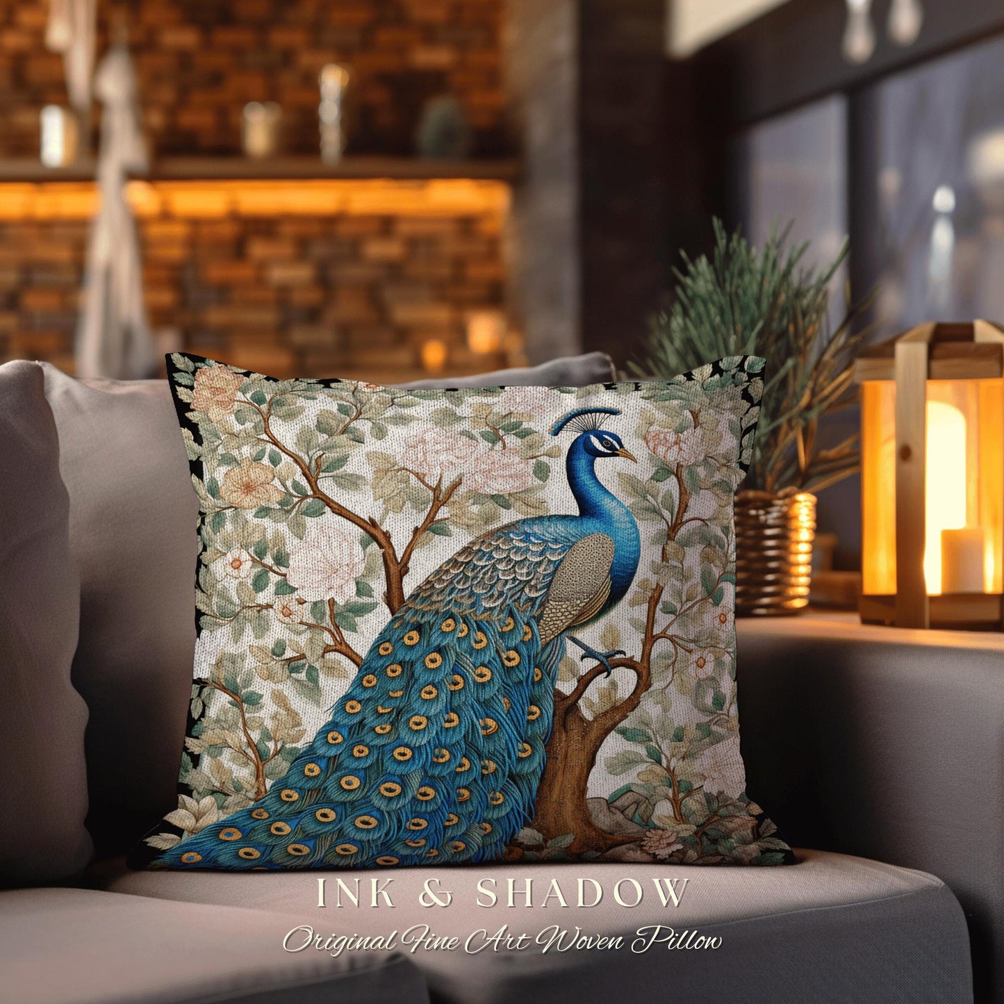 Whimsical Woodland Blue Peacock Pillow Cottagecore Floral Design, Baroque Woven Tapestry Cushion Victorian Inspired Nature Forestcore Accent