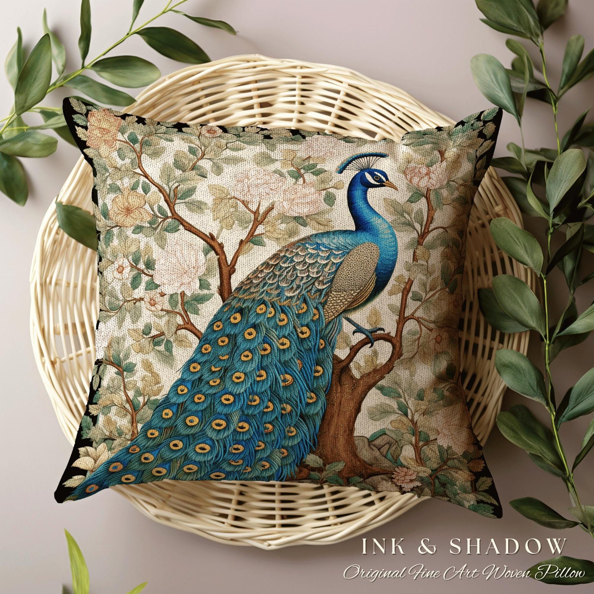 Whimsical Woodland Blue Peacock Pillow Cottagecore Floral Design, Baroque Woven Tapestry Cushion Victorian Inspired Nature Forestcore Accent