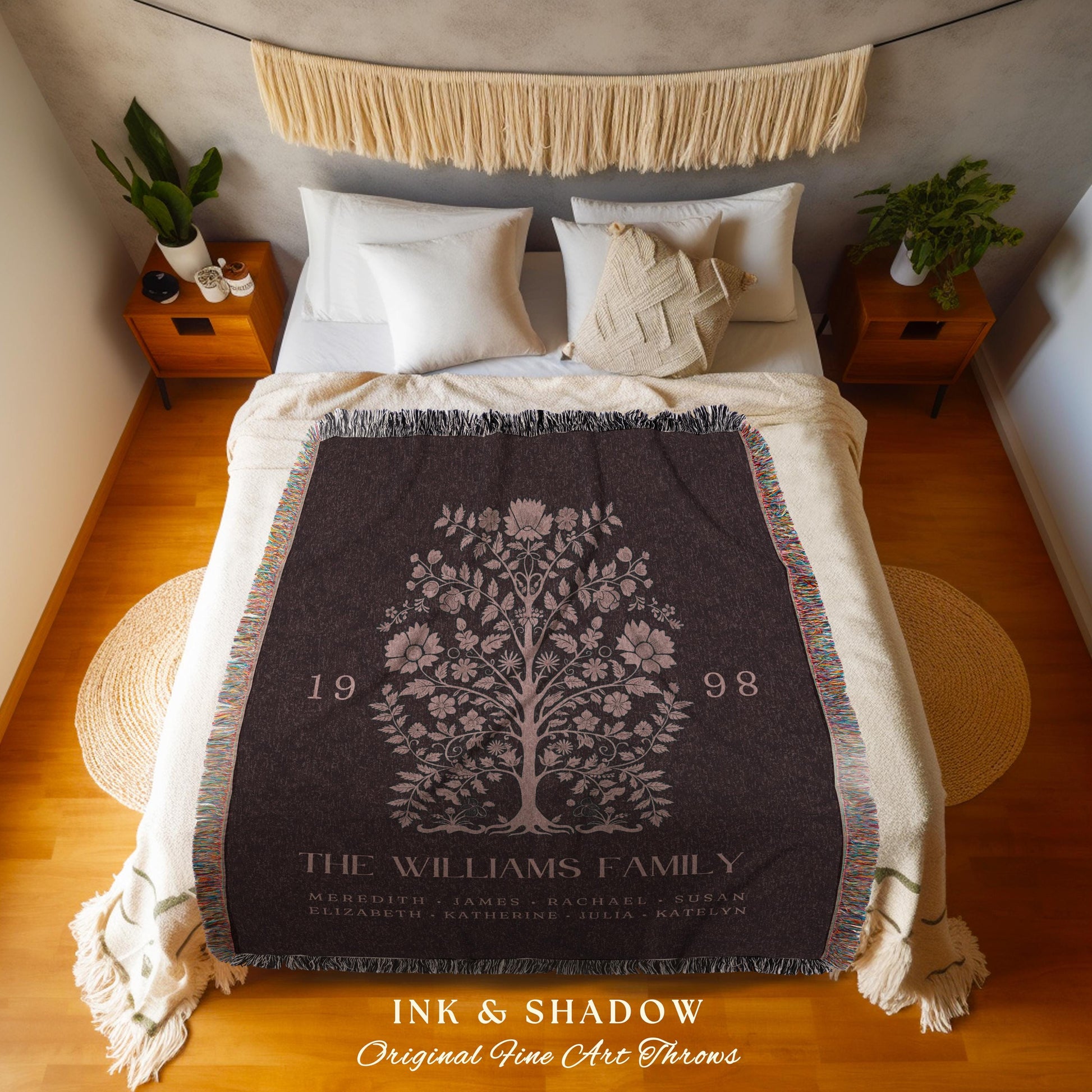 Custom Names Family Tree Woven Blanket | Sentimental Keepsake Meaningful Family Heirloom Personalized Appreciation Gift Big Family Tree Boho