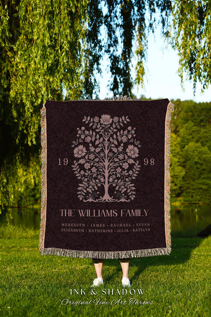 Custom Names Family Tree Woven Blanket | Sentimental Keepsake Meaningful Family Heirloom Personalized Appreciation Gift Big Family Tree Boho