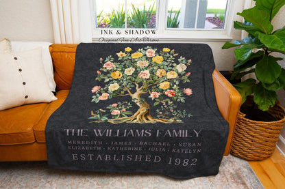 Floral Elegance Family Tree Blanket | Elegant Housewarming Custom Cotton Throw Blanket Meaningful Family Names Personalized Thoughtful Gift