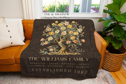 Unique Floral Family Tree Tapestry Blanket | Woven Cotton Personalized Names Throw Blanket Meaningful Ancestry Keepsake Sentimental Gift |