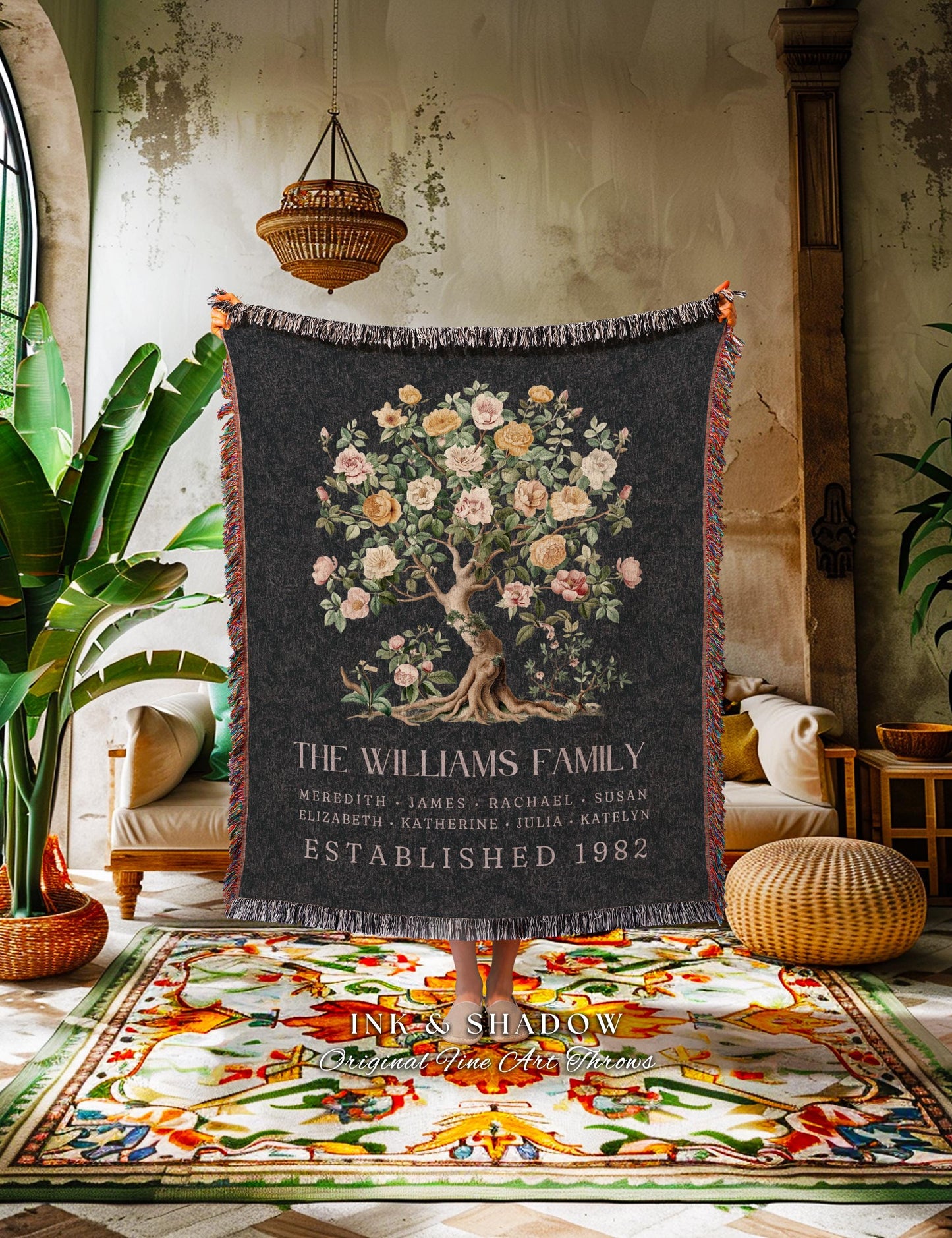 Floral Elegance Family Tree Blanket | Elegant Housewarming Custom Cotton Throw Blanket Meaningful Family Names Personalized Thoughtful Gift