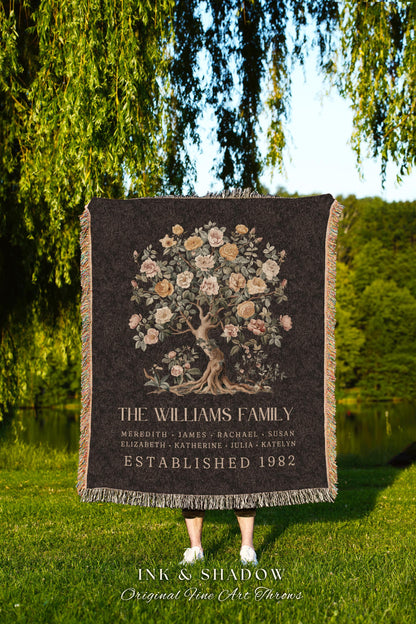 Unique Floral Family Tree Tapestry Blanket | Woven Cotton Personalized Names Throw Blanket Meaningful Ancestry Keepsake Sentimental Gift |