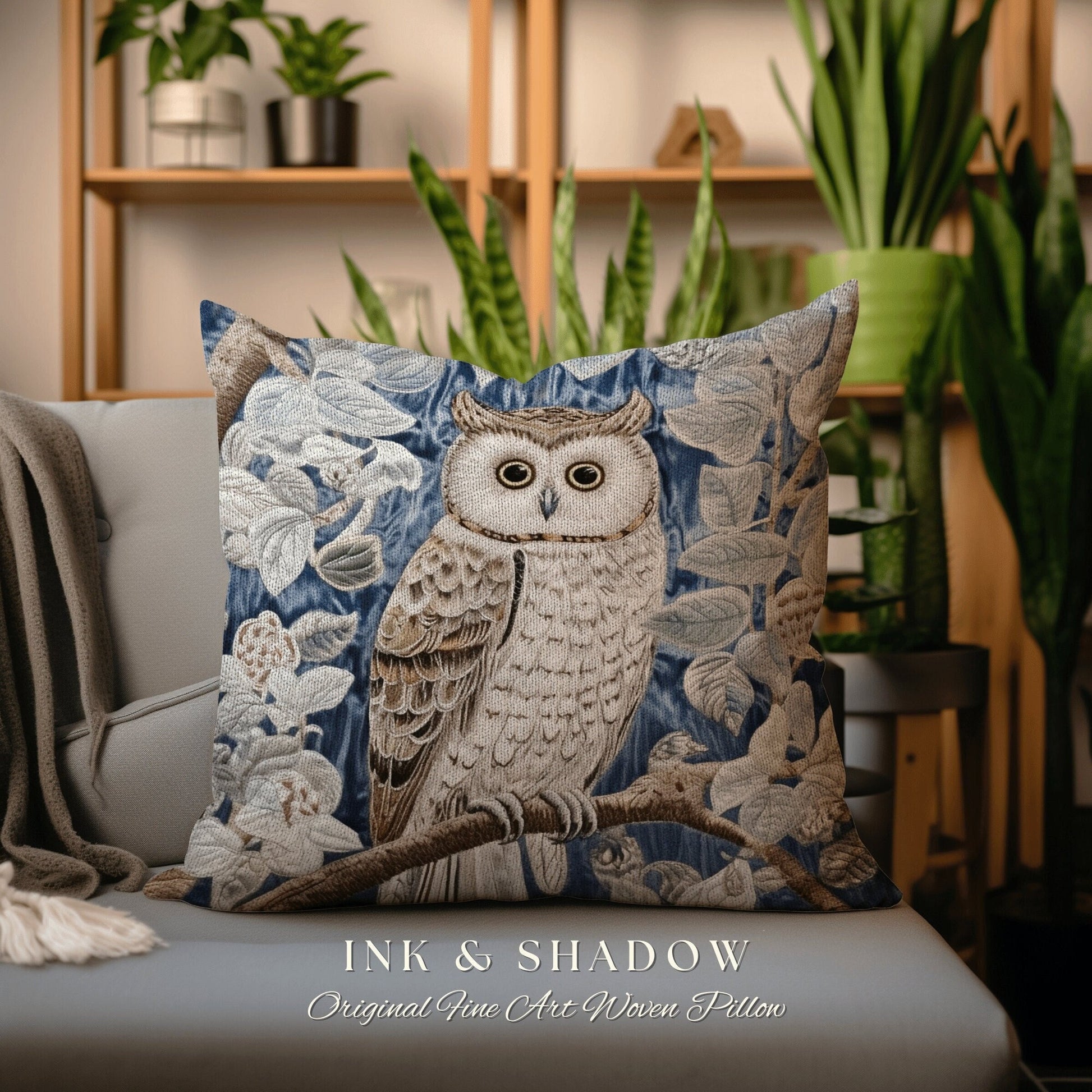 Pastel Blue Owl Woven Pillow | Whimsical William Morris Inspired Boho Aesthetic Botanical Spring Decorating Pillow Woven Victorian Owl Decor