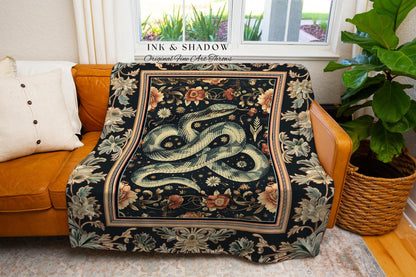 Victorian Gothic Dark Floral Snake Tapestry Blanket Enchanted Forest Art Nouveau Cottagecore | Whimsigoth Whimsical Botanical Serpent Decor