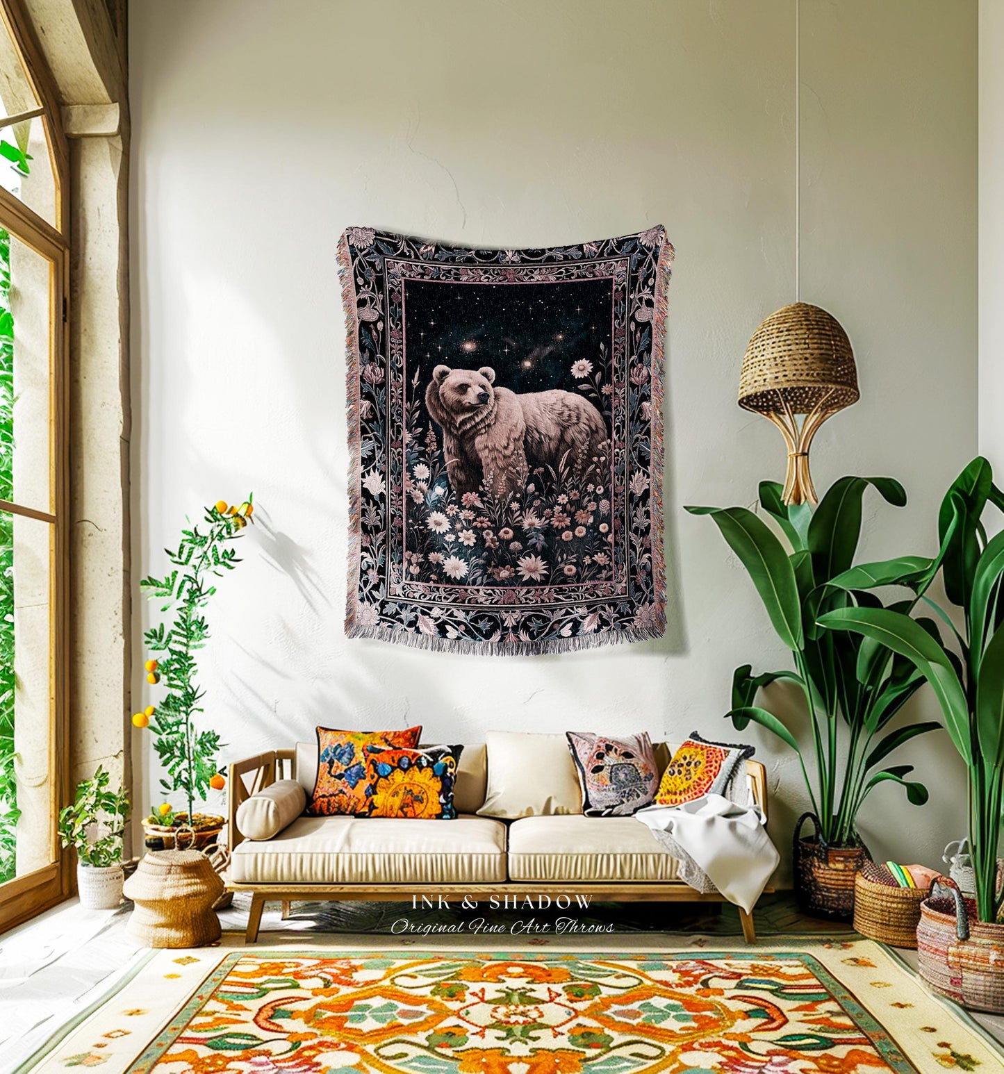 Midnight Florals Woodland Bear Blanket | Enchanted Starry Night Amethyst Purple Wildflowers Forestcore Boho Dark Witchy Wildlife Artwork |