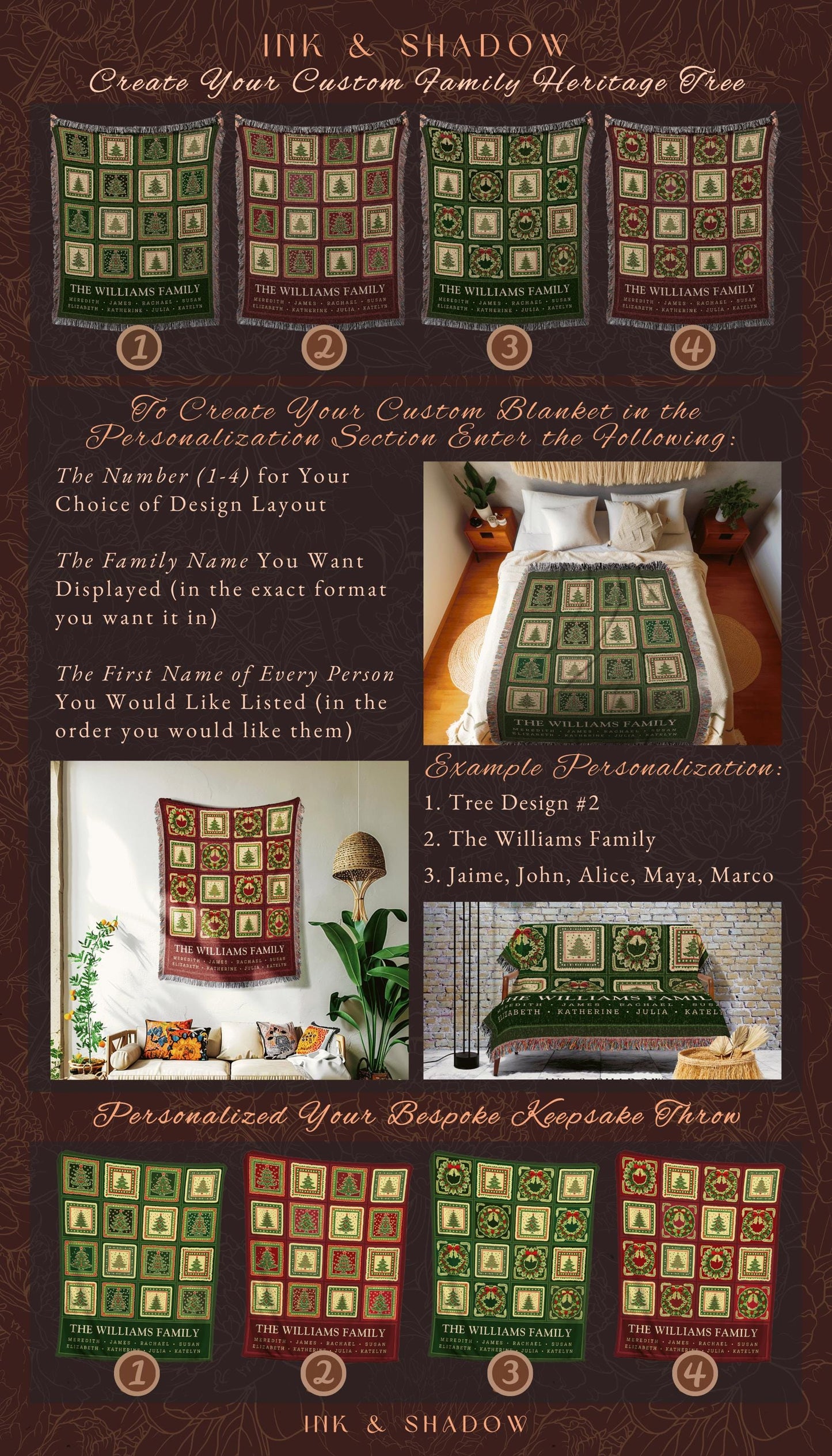 Family Tree Personalized Festive Christmas Tapestry Blanket Sentimental Gift for Grandparent with Names Custom Vintage Style Holiday Throw