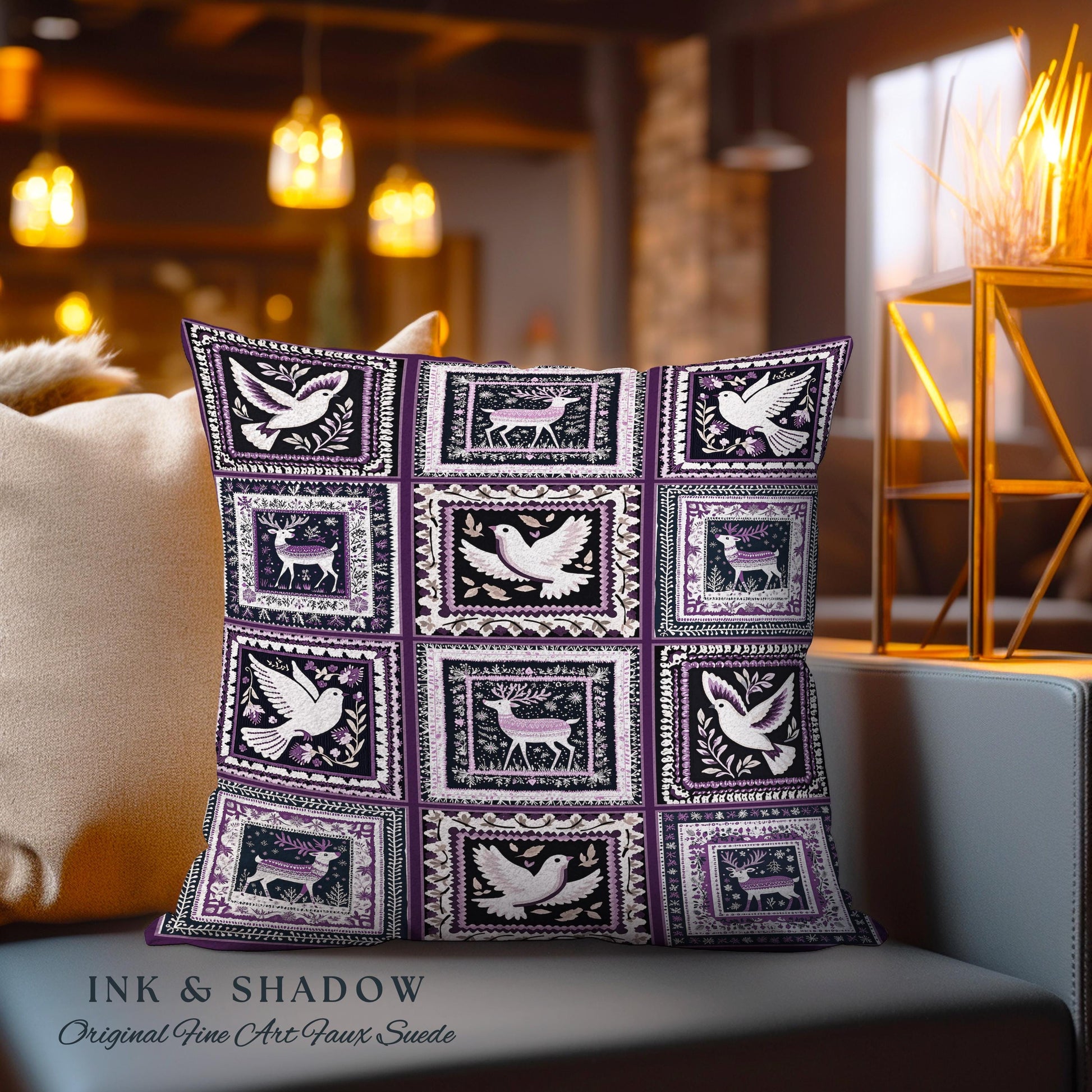 Winter Wonderland Woodland Whimsy Wildlife Pillow Fairycore Gothic Purple Patchwork Tapestry Cushion Reindeer & Dove Festive Folk Art Decor