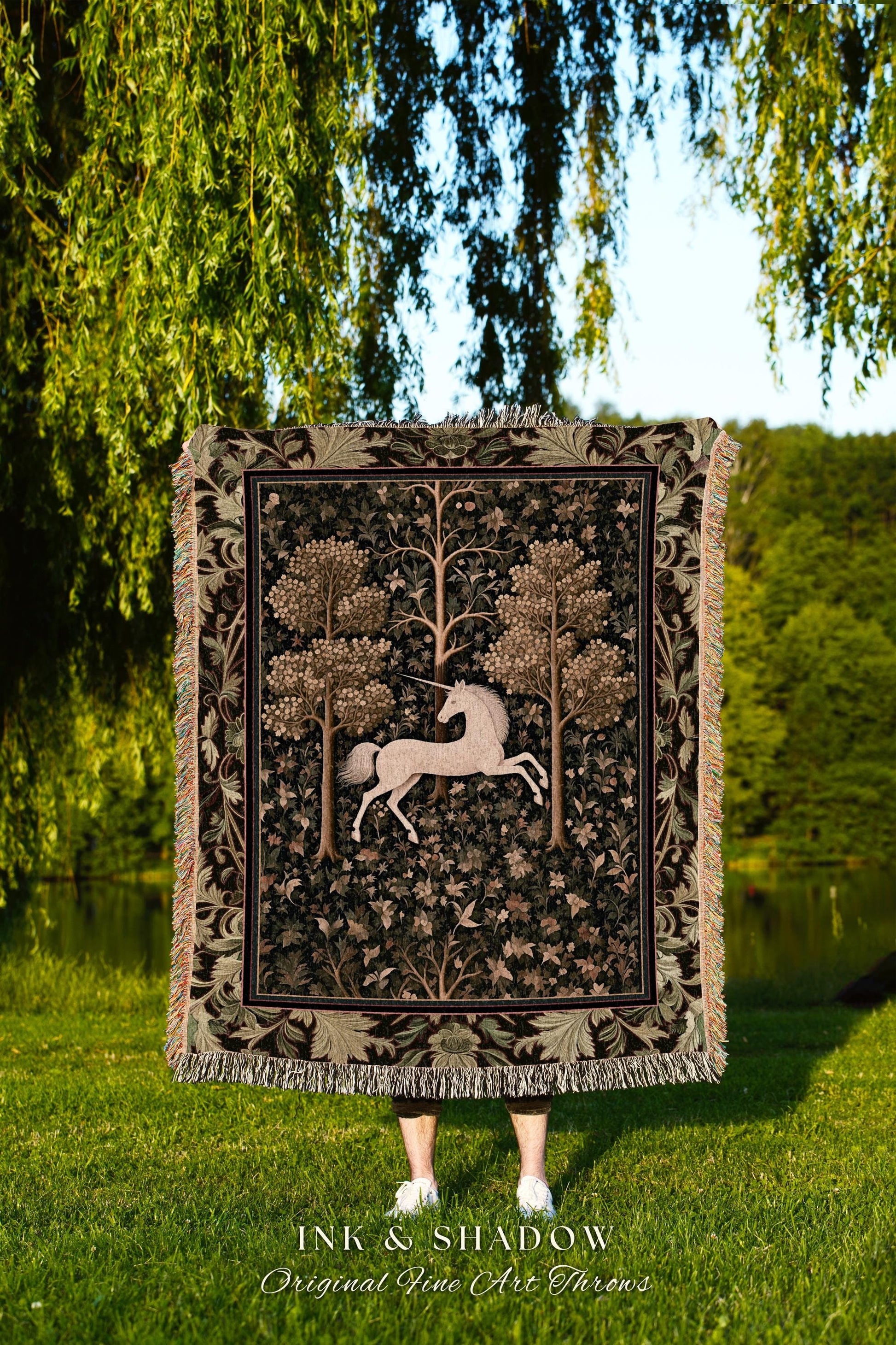 Magic Aesthetic Woven Tapestry Unicorn Blanket Cottagecore Style | Dark Academia Folklore Decor Gothic Maximalist Gift for Fantasy Lover