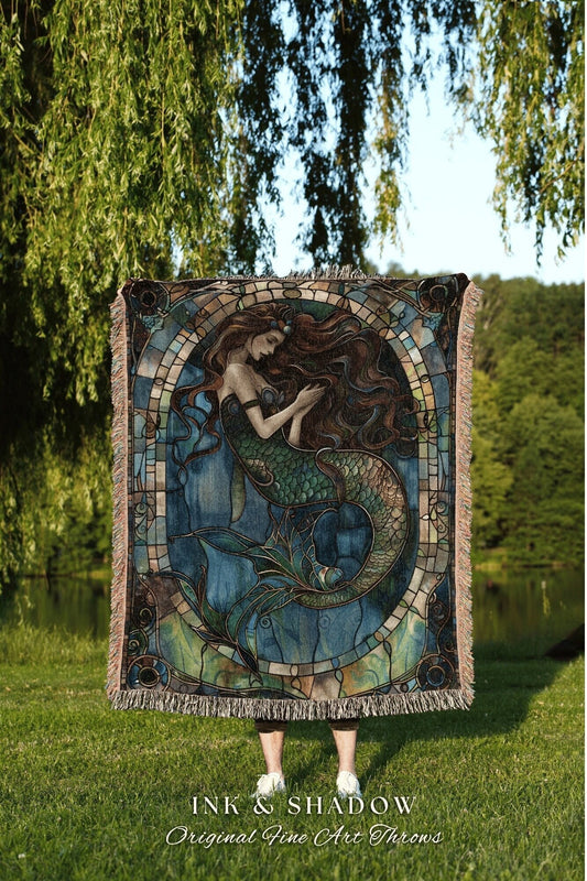 Dark Mermaid Woven Wall Tapestry | Dark Cottagecore Bedroom Celestial Throw Ethereal Tapestry Sirencore Decor Witchy Art Fairy Grunge |