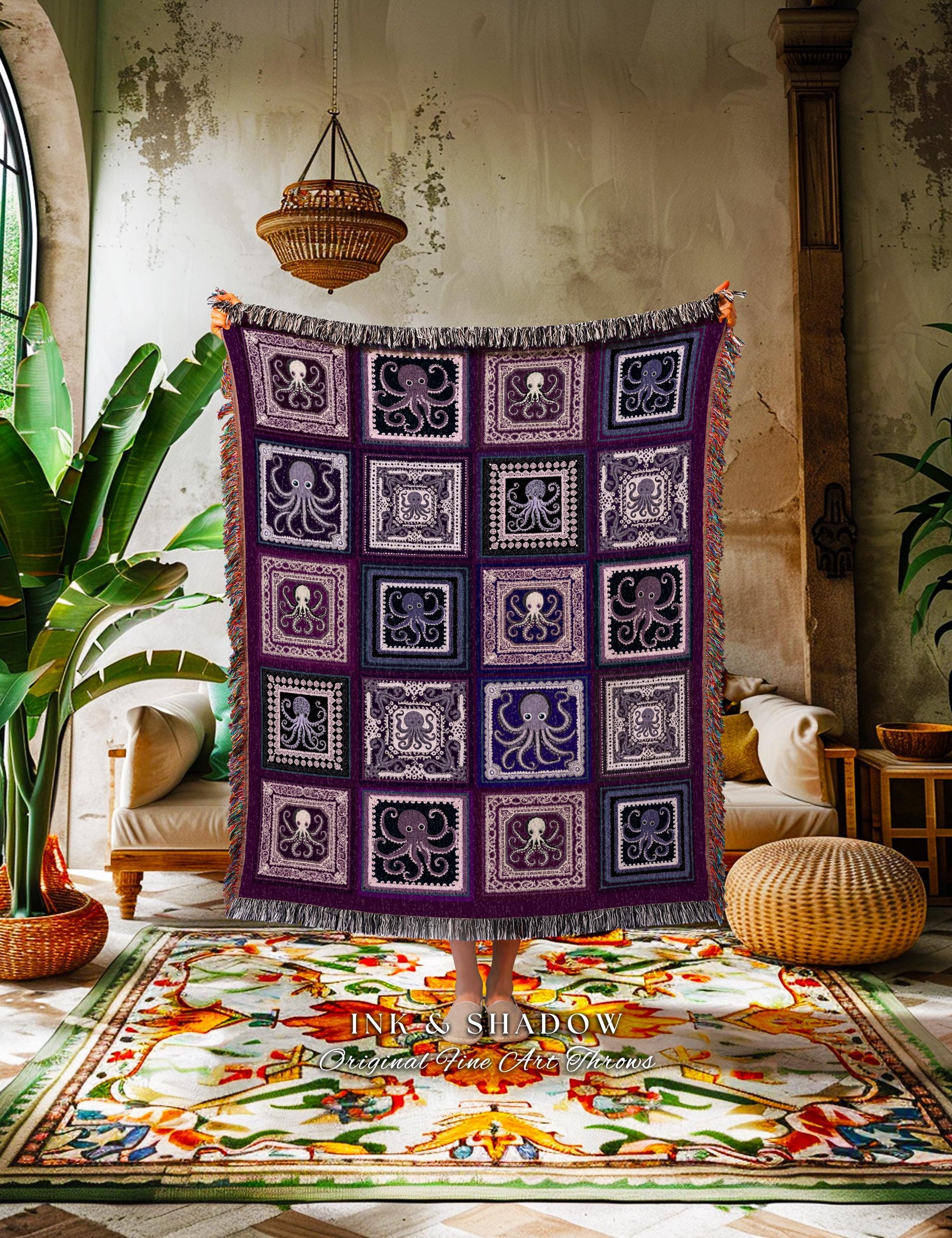 Sea Life Oceancore Octopus Tapestry | Mermaidcore Beachy Bohemian Costal Woven Blanket Whimsical Folklore Underwater Ocean Aesthetic Purple