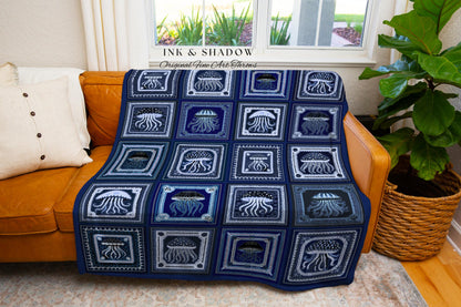 Deep Ocean Blue Woven Throw Blanket | Costal Aesthetic Navy Home Decor for Beach House Boho Sea Life Tapestry Folklore Underwater Oddities |