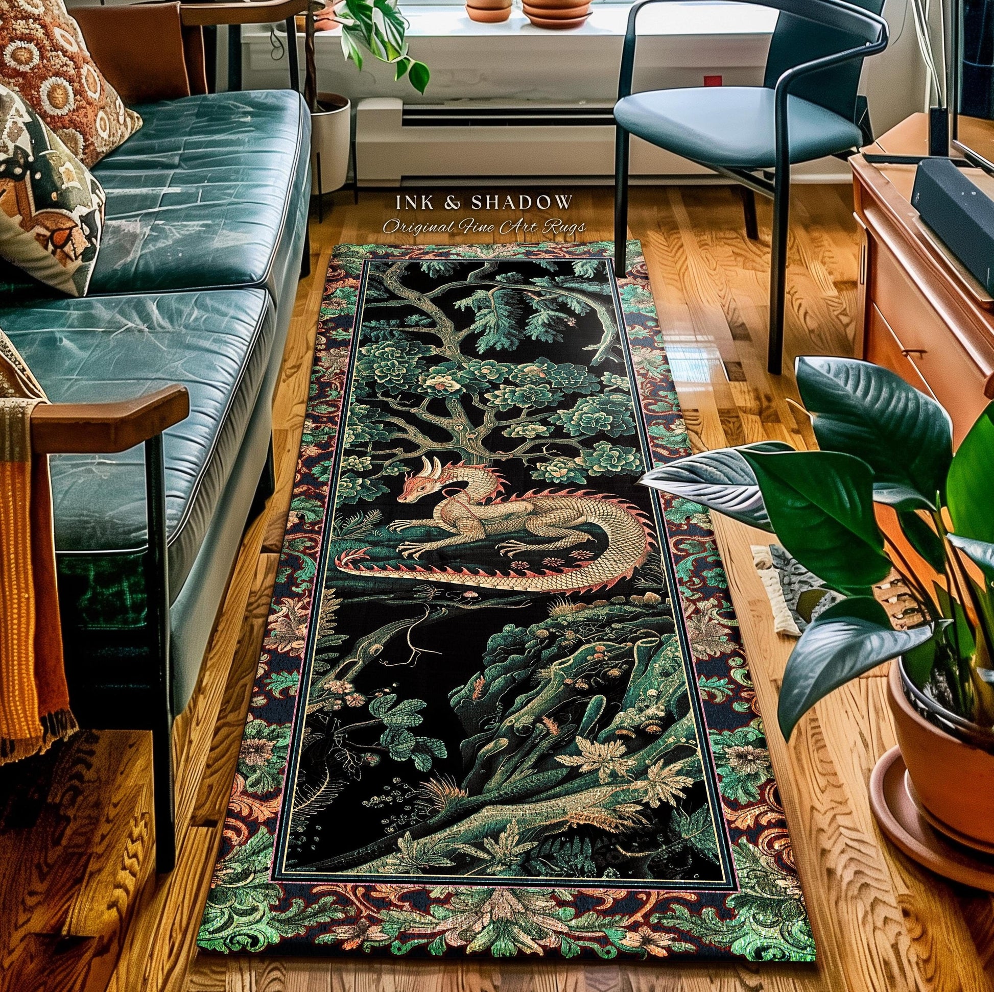 Woodland Dragon Runner Enchanted Forest Medieval Fantasy Charm Rug Dark Forestcore Fairytale Cottagecore Renaissance Nature Art Home Accent