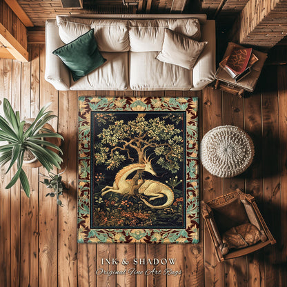 Renaissance Dragon Round Area Rug Forestcore Victorian Gothic Charm | Antique Baroque Style Enchanted Medieval Fantasy Cottagecore Woodland