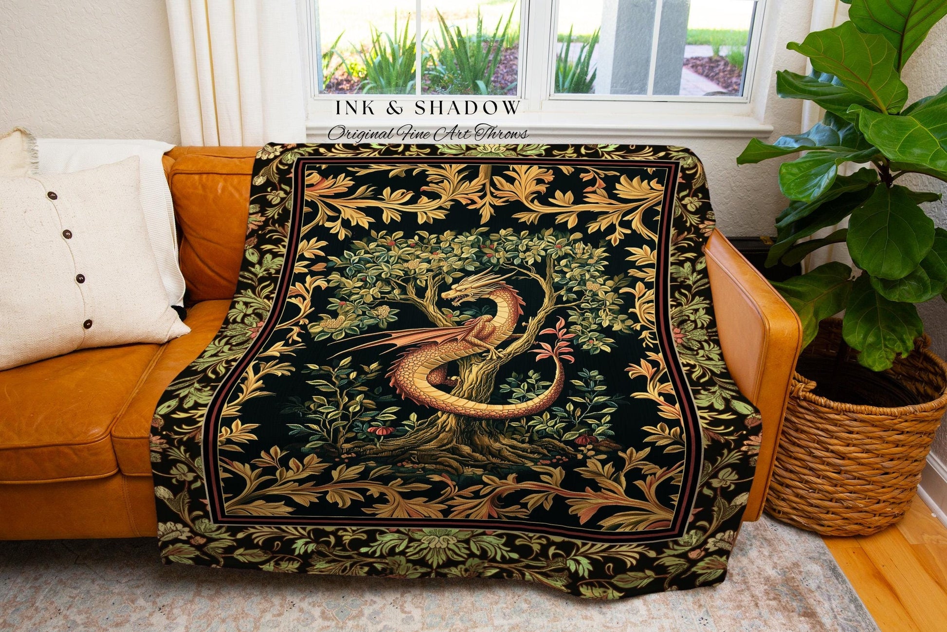 Ornate Victorian Gothic Dragon Blanket Enchanted Baroque Medieval Forestcore Tapestry Throw Mystical Vintage Fantasy Whimsical Woodland Home