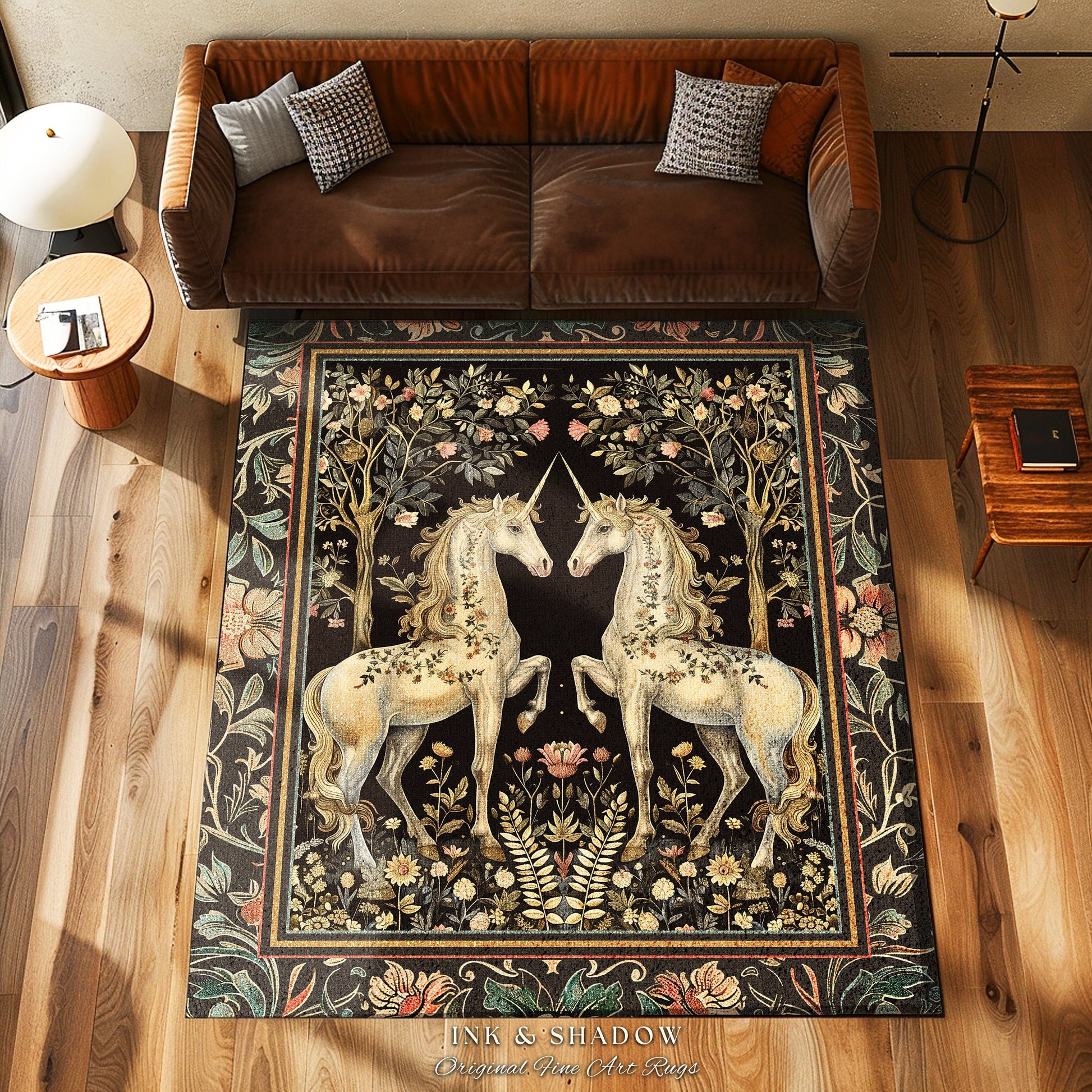 Soft Cottagecore Floral Area Rug Magical Unicorns Fairycore Fairytale Aesthetic | Whimsical Rustic Decor Baroque Romantic Mystic Forestcore