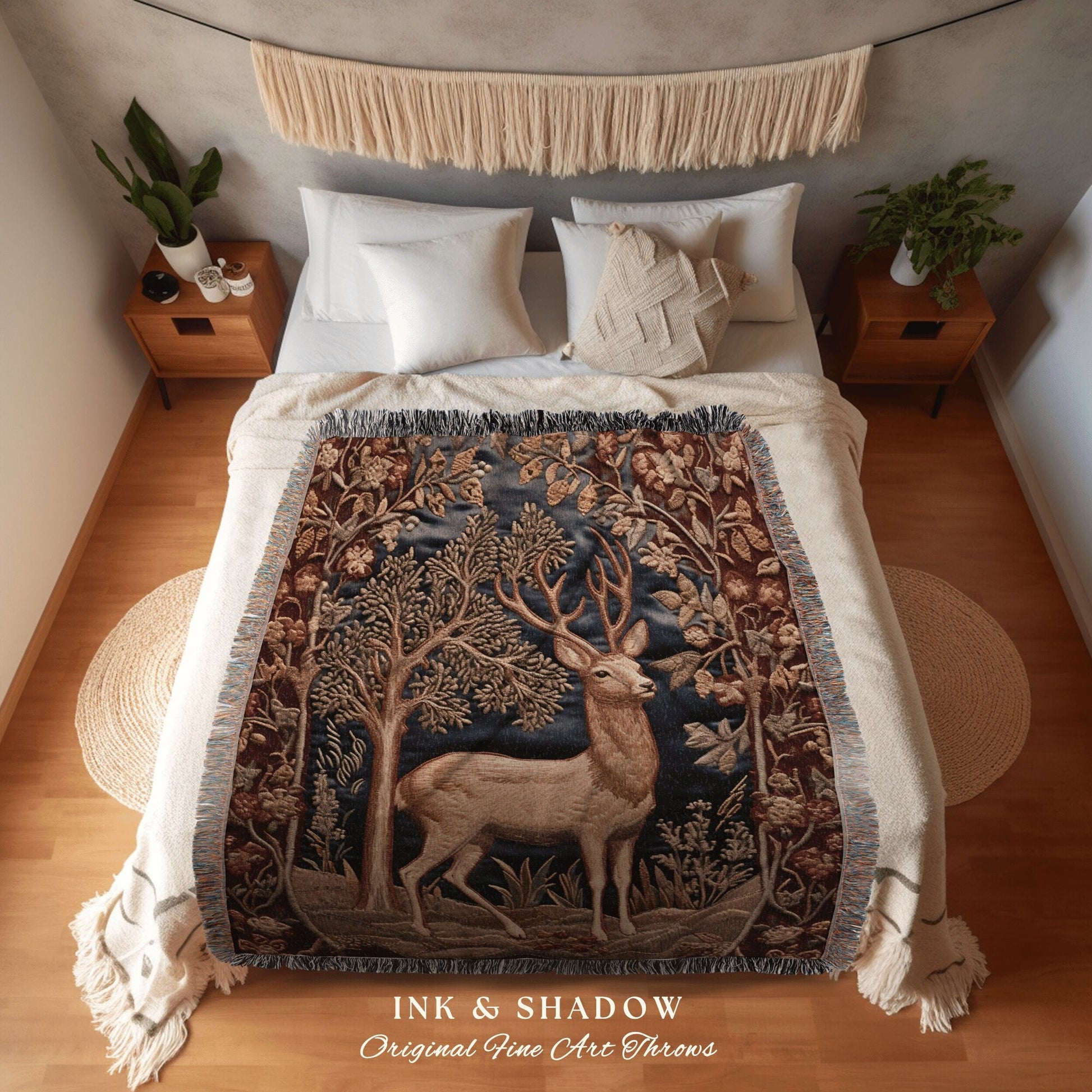 Medieval Deer Throw Blanket | Pastel Folklore Aesthetic Folk Art Tapestry Woven William Morris Decor Dark Cottagecore Fairy Core Witchy |