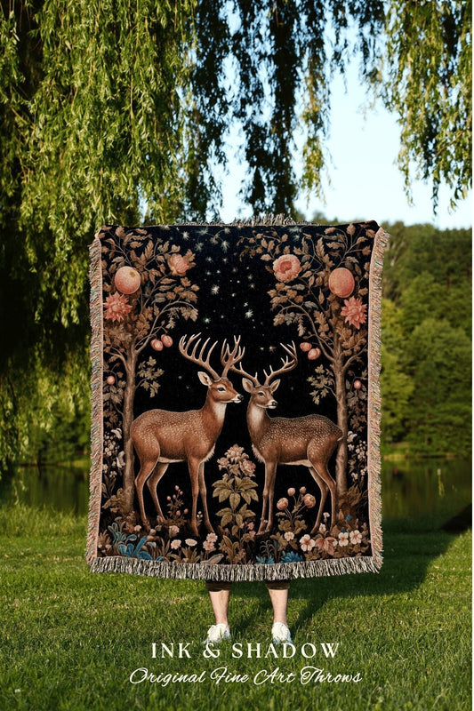 Folklore Aesthetic Deer Blanket | Folklore Aesthetic Tapestry Woven William Morris Cozy Throw Dark Cottagecore Gothic Fairycore Deer Bedding