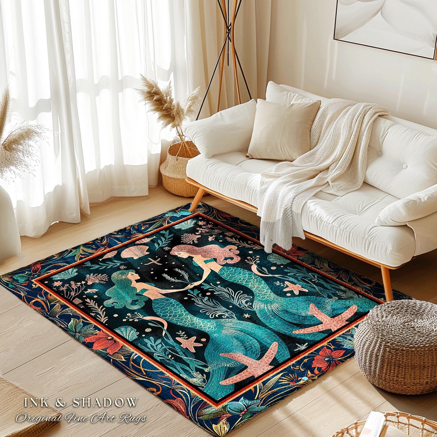 Ethereal Art Nouveau Sea Nymph Rug Whimsical Dark Academia Coastal Decor | Mystical Mermaid Cottagecore Enchanted Ocean Vintage Folklore Rug