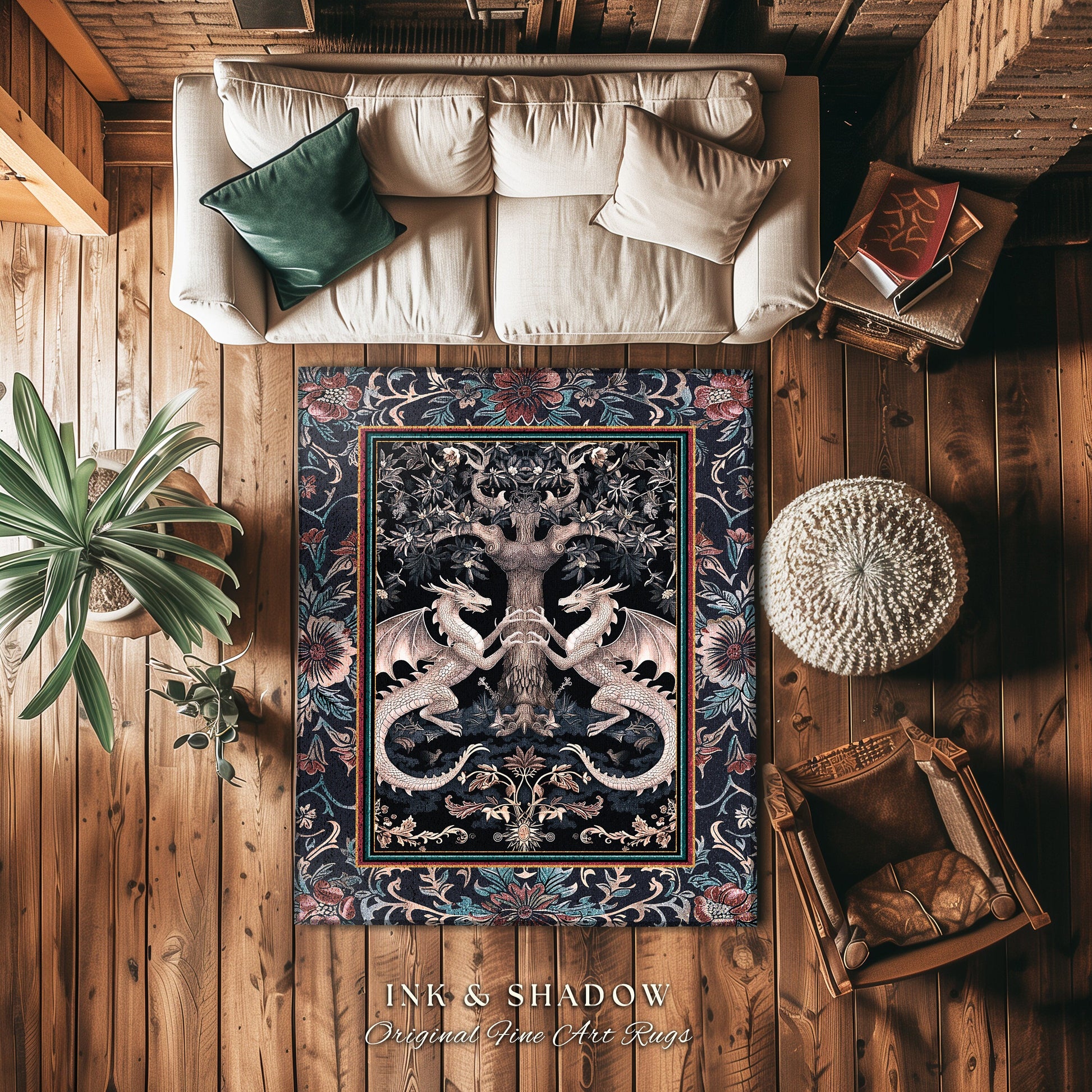 Medieval Fantasy Dragon Rug Victorian Whimsigothic Decor | Enchanted Forest Gothic Aesthetic Art Nouveau Baroque Elegance Cottagecore Style