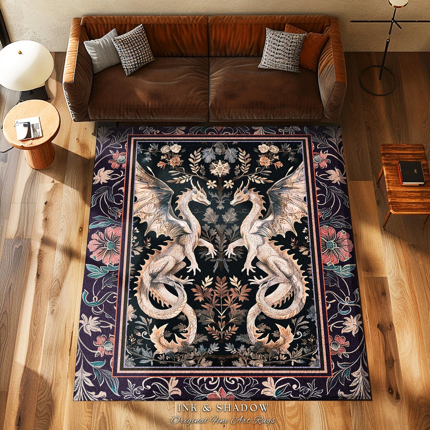 Victorian Gothic Dragon Rug Enchanted Floral Baroque Decor | Mystical Medieval Art Nouveau Woodland Charm Whimsigothic Cottagecore Accent