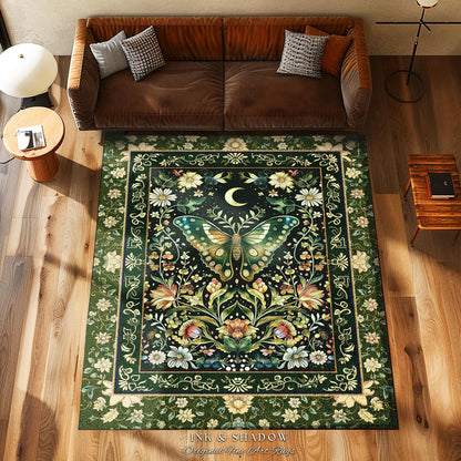 Woodland Gothic Botanical Moth Rug Witchy Dark Academia Aesthetic Room Decor, Whimsical Green Cottagecore Butterfly Wildflower Fairycore Rug