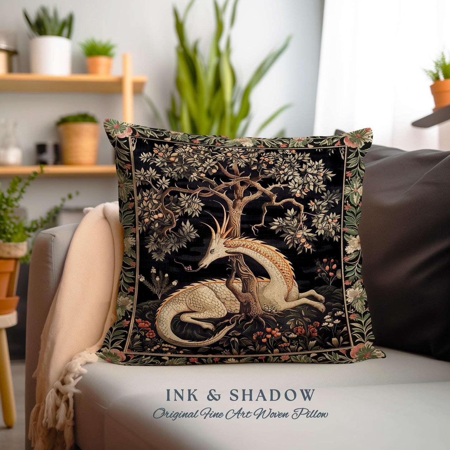 Dark Academia Dragon Pillow Medieval Folklore Decor | Fairytale Inspired Dark Cottagecore Fairycore Cushion Mystical Gothic Game Room Accent