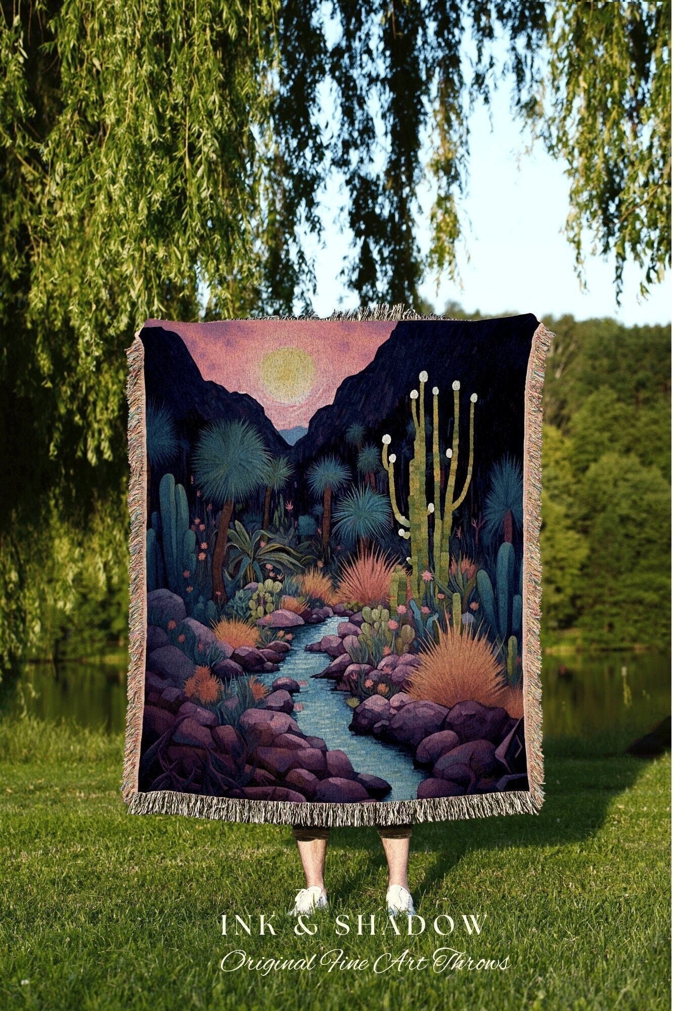 Desert Night Tapestry Woven Throw Blanket | Moonlit Landscape Desert Aesthetic Mystical Blanket Dark Cottagecore Bohemian Desert Tapestry