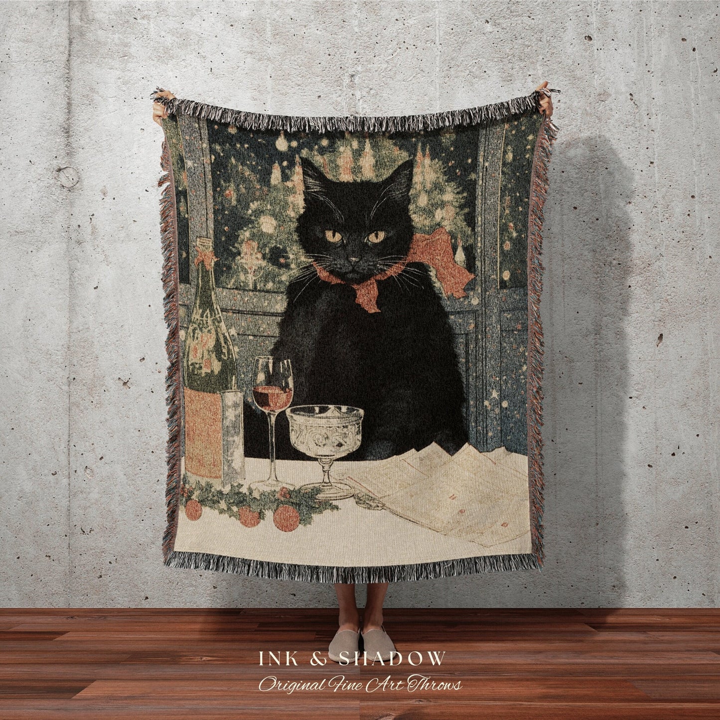 Christmas Cat Tapestry Blanket Woven | Whimsical Cat Blanket Eclectic Wall Art Funny Tapestry Whimsigoth Goth Christmas Room Decor Cute Cat