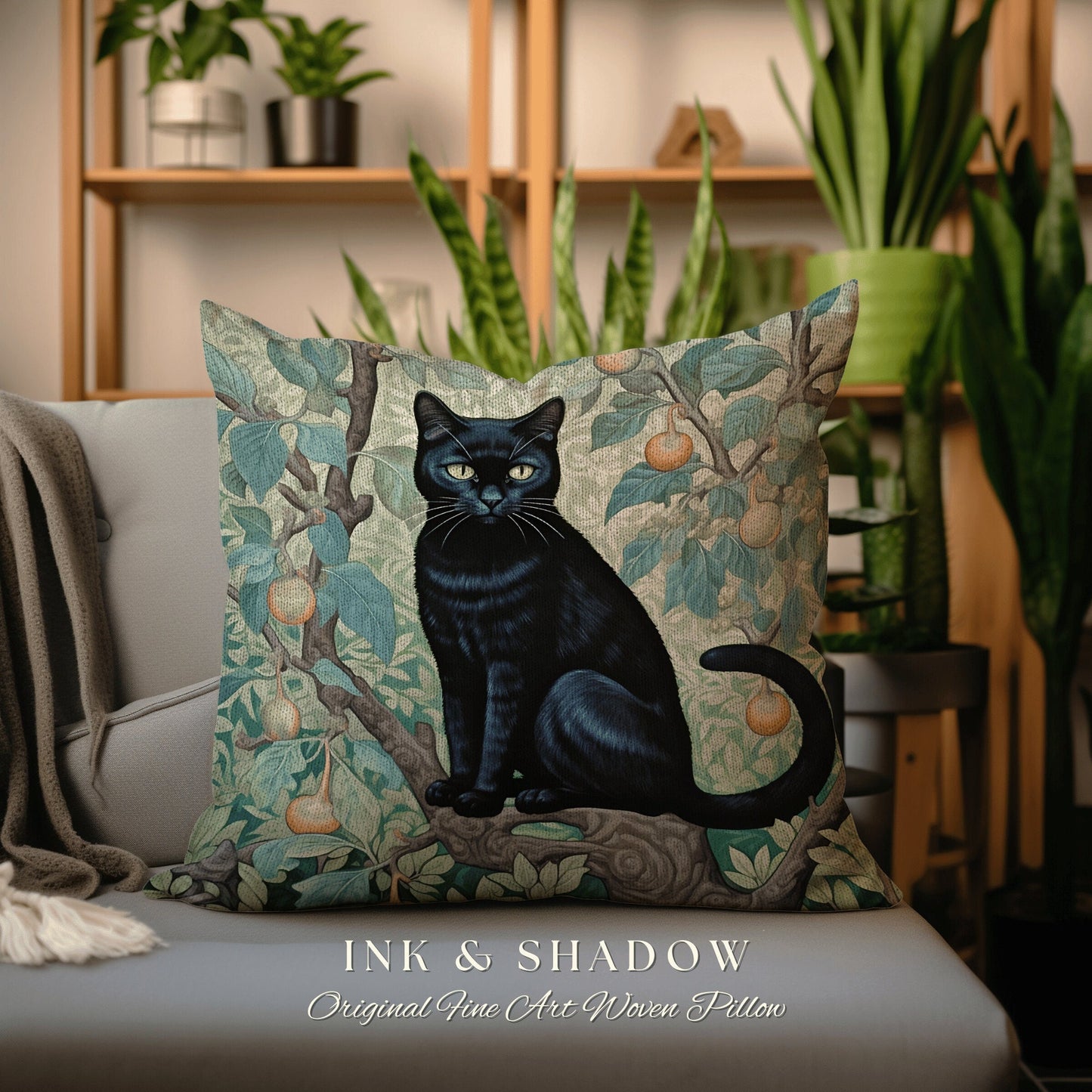 Back Cat Woven Pillow Gothic | Dark Academia William Morris Inspired Decor Dark Academia Cat Person Gift Tapestry Bag Woven Victorian Cat |