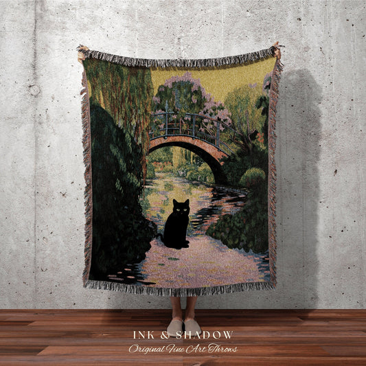 Indie Wall Decor Woven Tapestry Blanket Vintage Art Claude Monet Bridge Over a Pond of Water Lilies | Black Cat Blanket Monet Inspired Decor