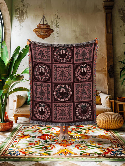 Dark Baroque Cozy Festive Tapestry Throw Romantic Gothic Burgundy Blush Christmas Tree & Wreath Blanket Whimsigothic Victorian Holiday Decor