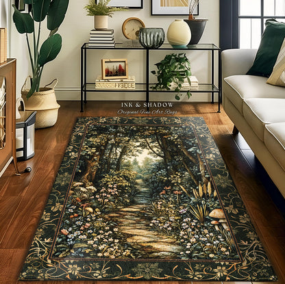 Fairy Meadow Mushroom Forest Rug | Mystic Academia Folklore Inspired Fairycore Aesthetic Accent Rug Magical Bedroom Medieval Home Decor |