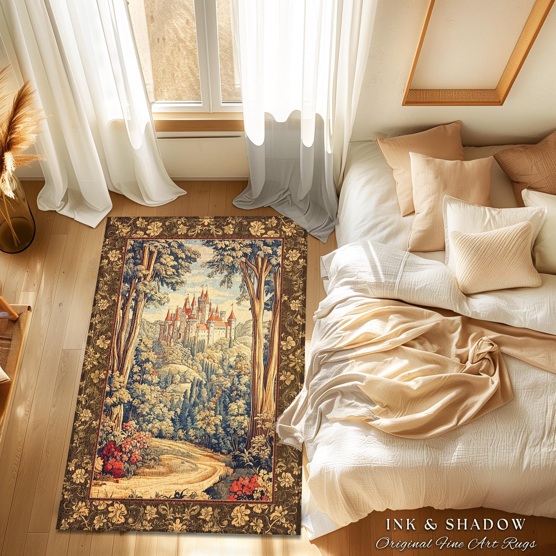 Book Nook Fairytale Castle Area Rug | Woodland Fairycore Bohemian Rug Folklore Aesthetic Magical Landscape Forestcore Bedroom Dark Academia