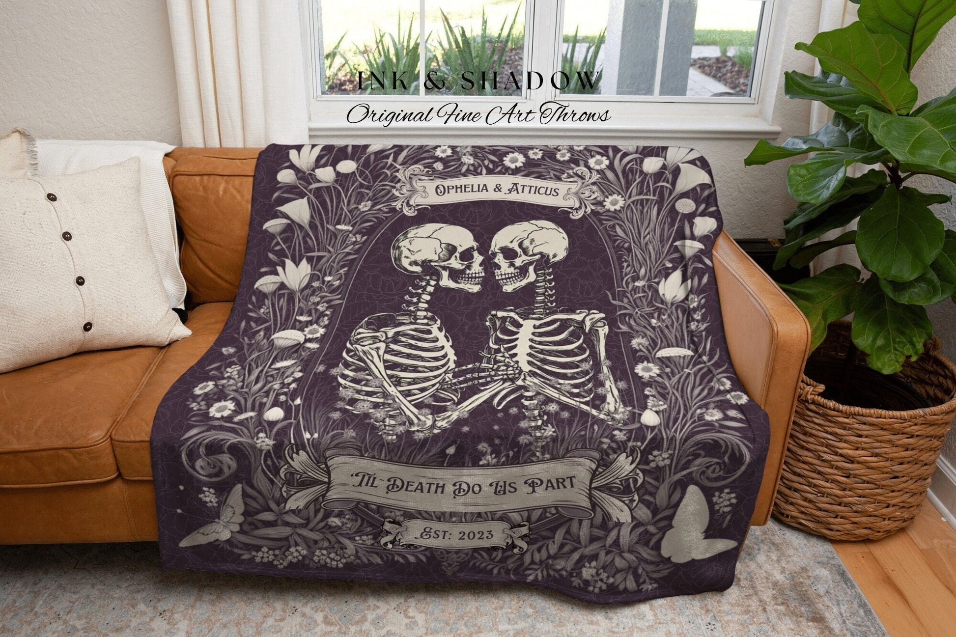 Anniversary Blanket Custom Name Gift | Personalized Tapestry Gothic Wedding Custom Blanket Woven Tapestry Skeleton Couple Whimsical Wedding