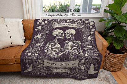 Anniversary Blanket Custom Name Gift | Personalized Tapestry Gothic Wedding Custom Blanket Woven Tapestry Skeleton Couple Whimsical Wedding