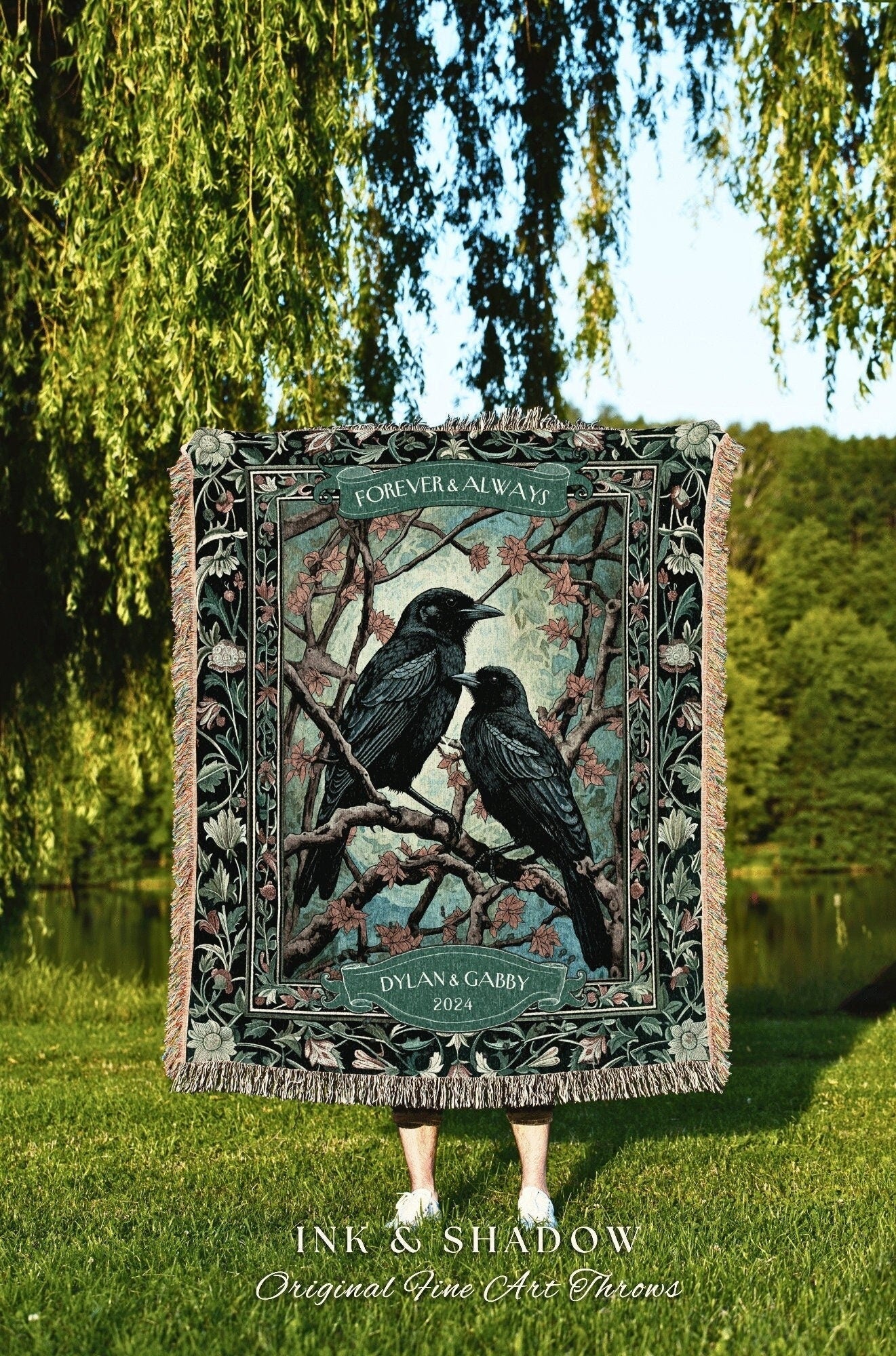 Personalized 'Forever & Always' Woven Blanket | Crow Core Couple Aesthetic Woven Throw Custom Dating Gift Gothic Raven Tapestry Witchy |