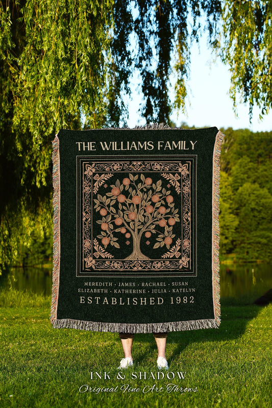 Forest Green Family Tree Personalized Blanket, Customized Heritage Tapestry Custom Gift for Grandma Sentimental for Grandparents Family Name