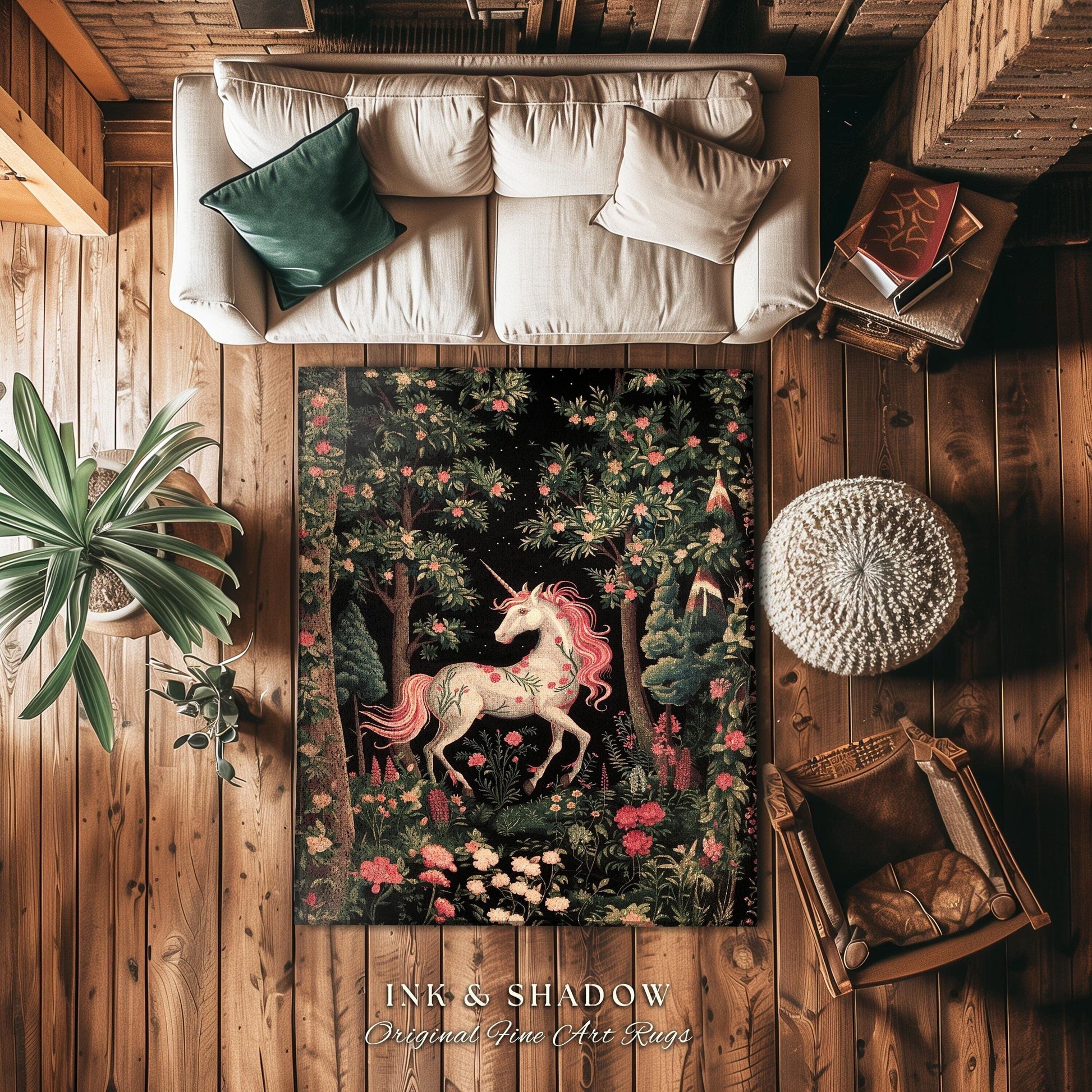 Enchanted Forest Unicorn Rug Mystical Woodland Runner | Romantic Baroque Art Fairycore Vintage Aesthetic Mythical Creatures Forestcore Decor