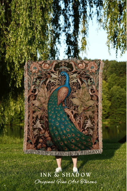 Folk Art Peacock Tapestry Woven | Woodland Maximalist Blanket Woven Tapestry William Morris Style Woodland Decor Dark Cottagecore Peacock |