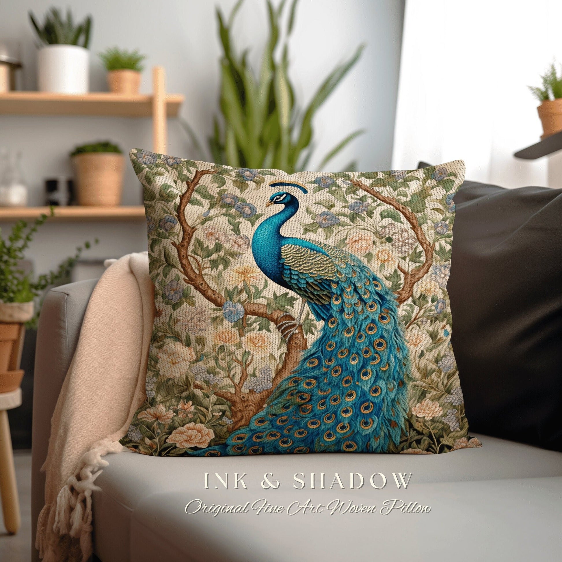 Maximalism Inspired Floral Peacock Soft Cottagecore Woven Pillow Maximalist Fairycore Tapestry Cushion William Morris Style Pastel Victorian