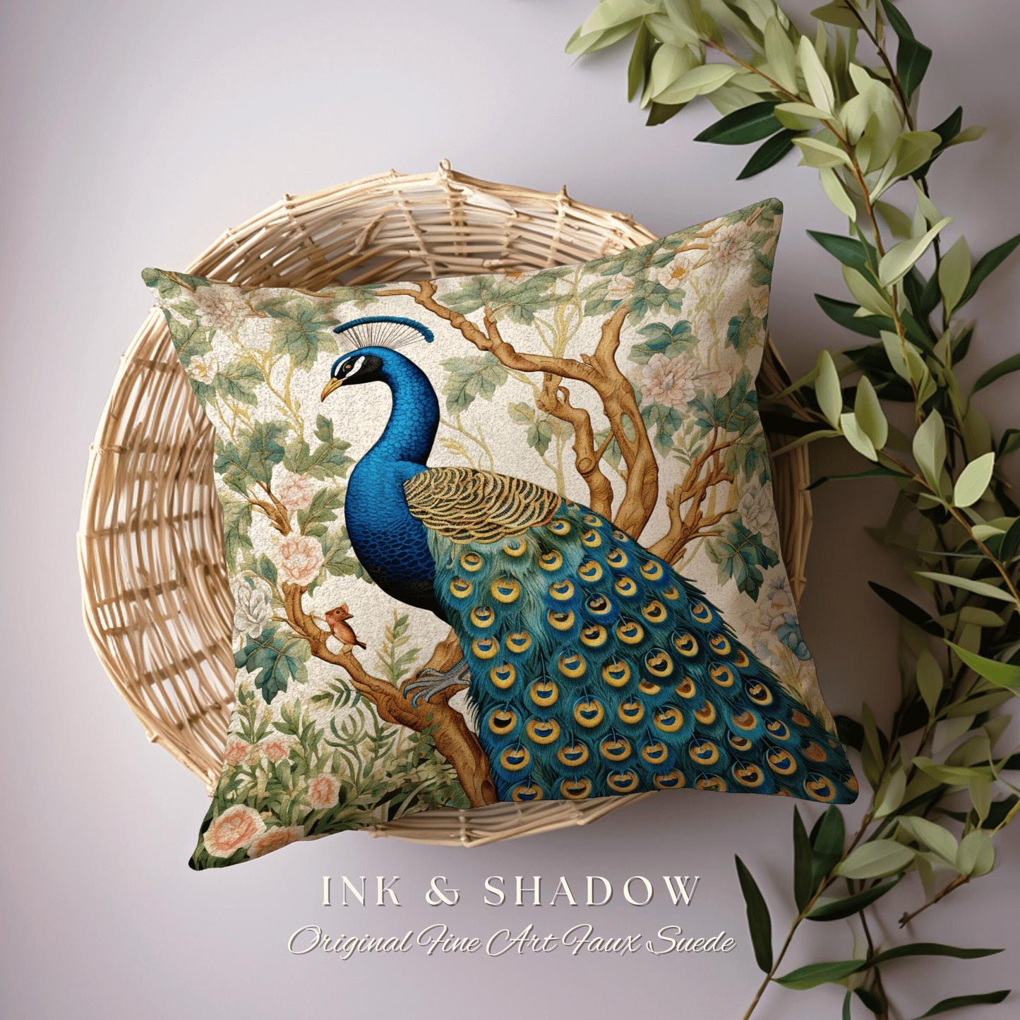 Peacock Throw Pillow Boho William Morris Inspired Decor Forestcore Room Design Maximalist Tapestry Cushion Botanical Fairy Grunge Aesthetic