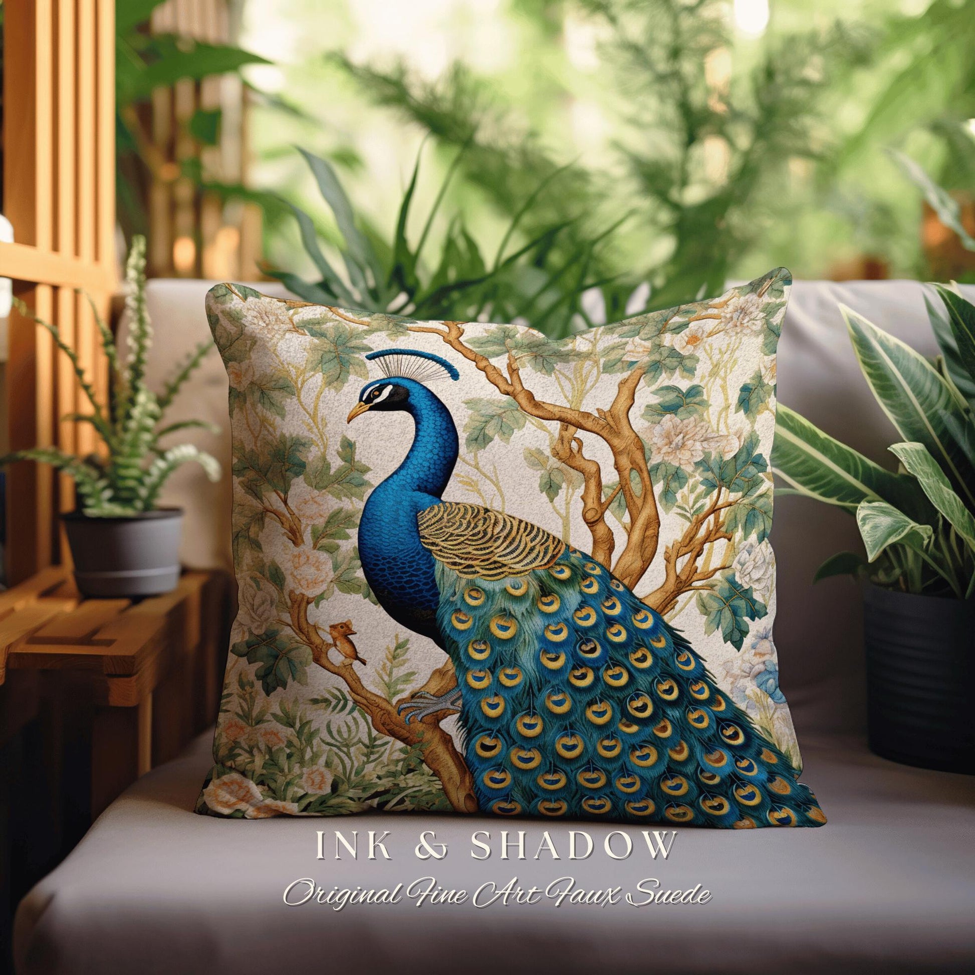 Peacock Throw Pillow Boho William Morris Inspired Decor Forestcore Room Design Maximalist Tapestry Cushion Botanical Fairy Grunge Aesthetic